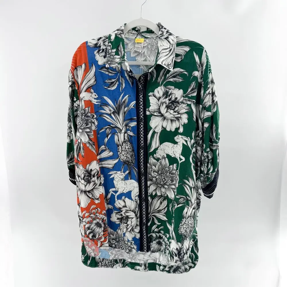 Agua Bendita Chrissy Tropical 3/4 Sleeve Button-Up Cover-Up Shirt Multi Medium